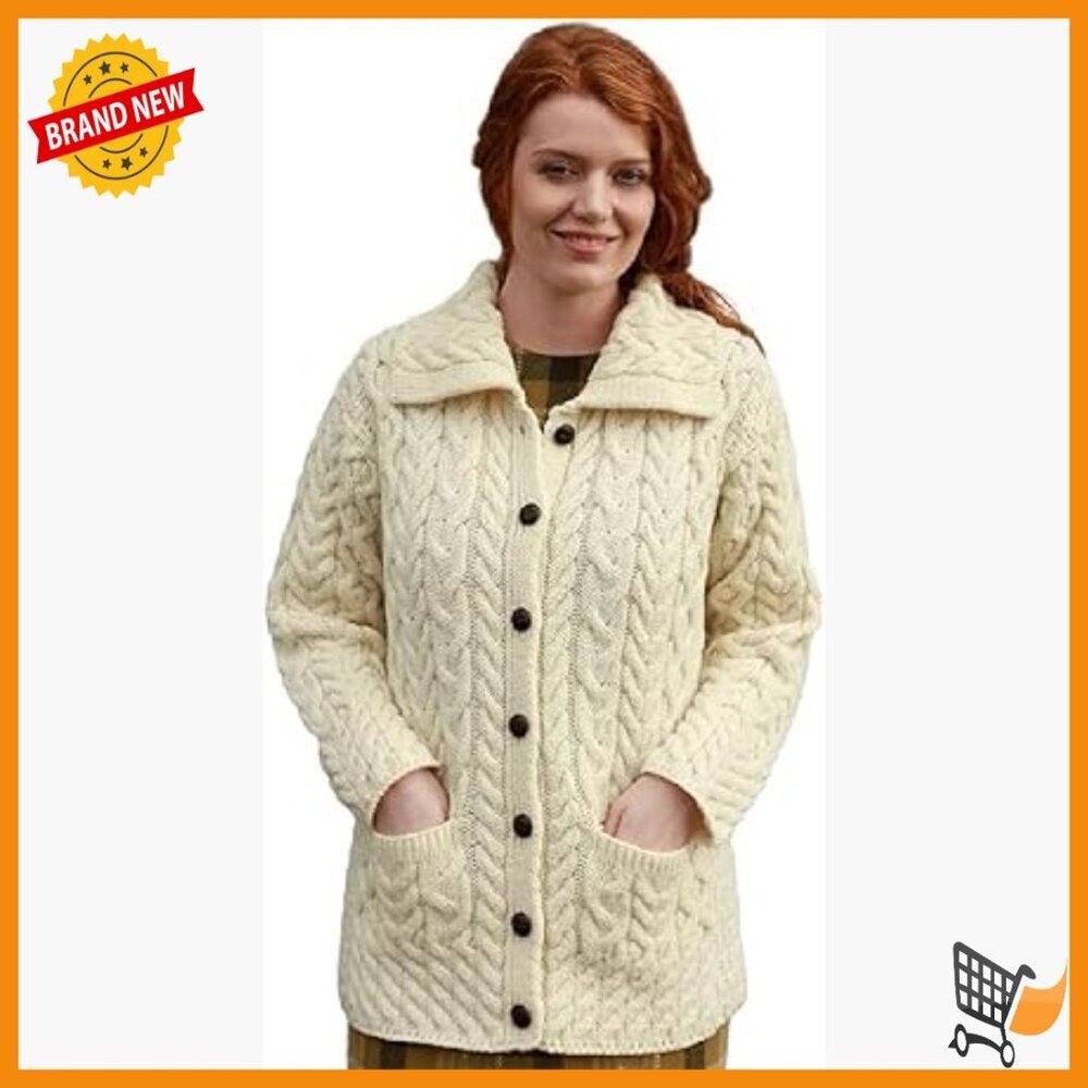 Long Wool Cardigan with Cable Knit Patch Pockets Classic Fit